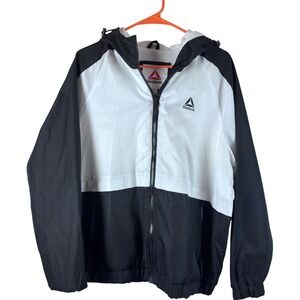 Reebok XL Windbreaker Jacket Black White Fleece Lined Hooded Activewear